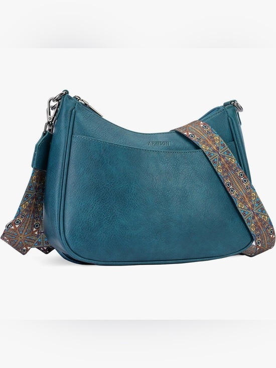 Handbags - Teal Shoulder Bag with Detachable Patterned Strap